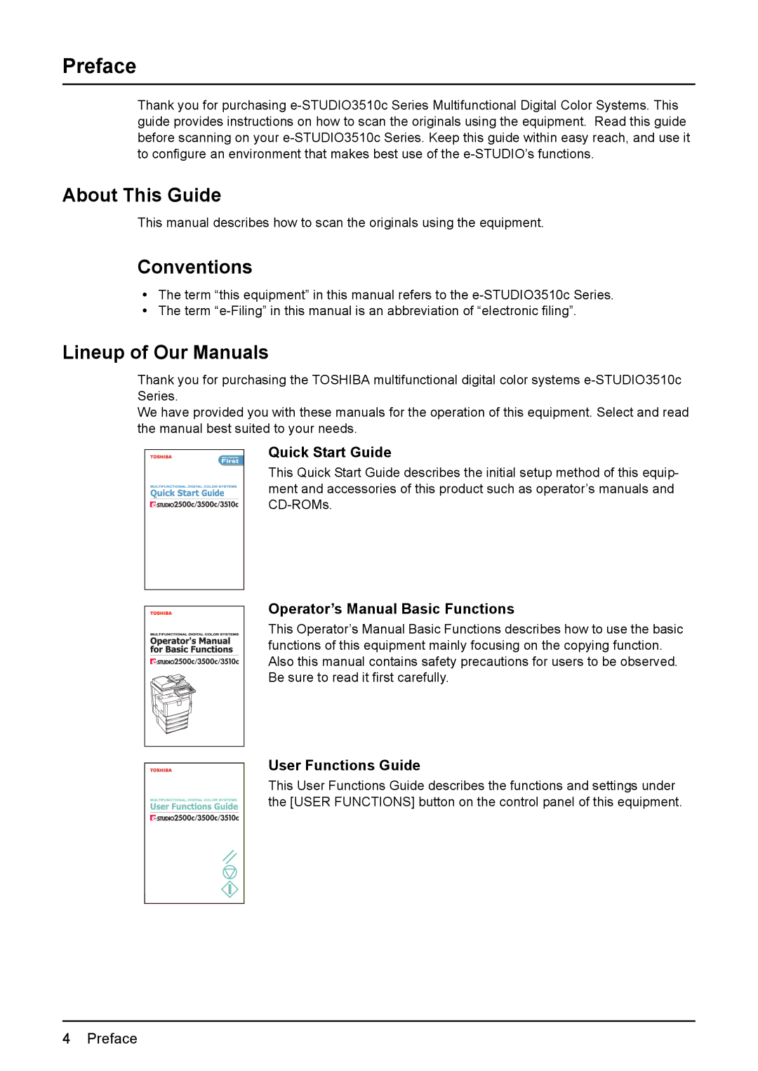 Toshiba 3500C, 2500C, 3510C manual Preface, About This Guide, Conventions, Lineup of Our Manuals 