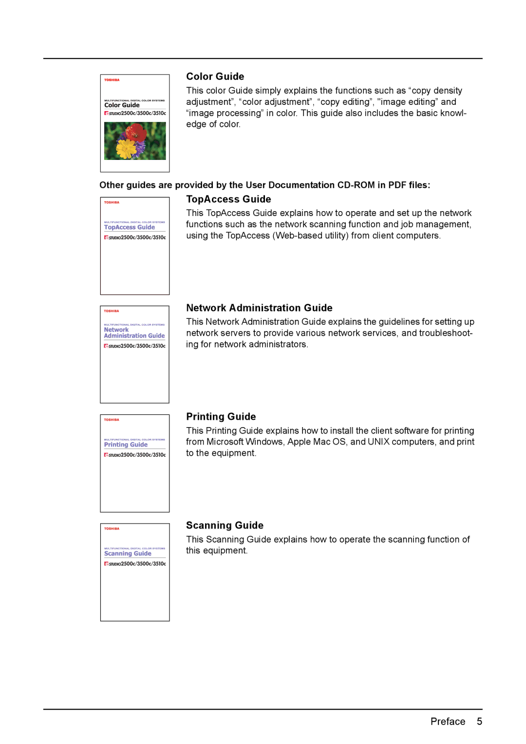 Toshiba 2500C, 3500C, 3510C manual Color Guide, TopAccess Guide, Network Administration Guide, Printing Guide, Scanning Guide 