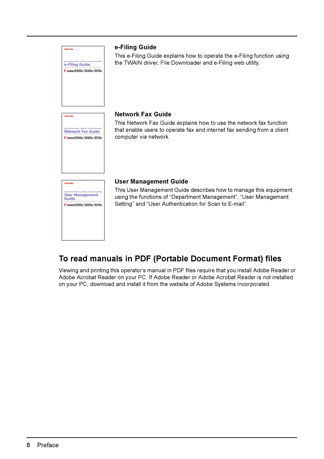 Toshiba 3510C, 3500C, 2500C manual Filing Guide, Network Fax Guide, User Management Guide 