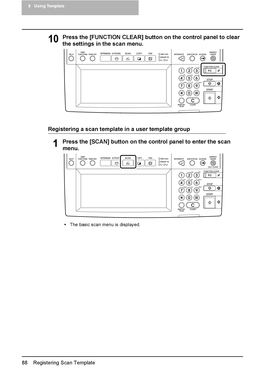 Toshiba 3500C, 2500C, 3510C manual Basic scan menu is displayed 