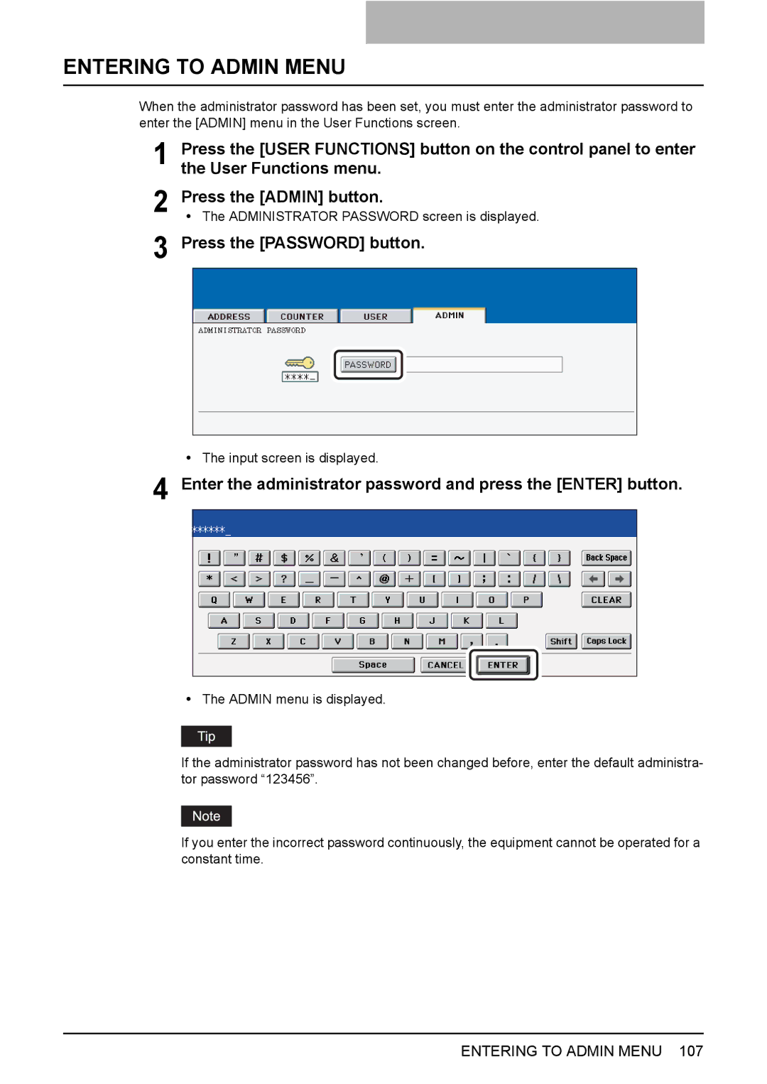 Toshiba 2500C, 3500C, 3510C manual Entering to Admin Menu, Press the Password button 