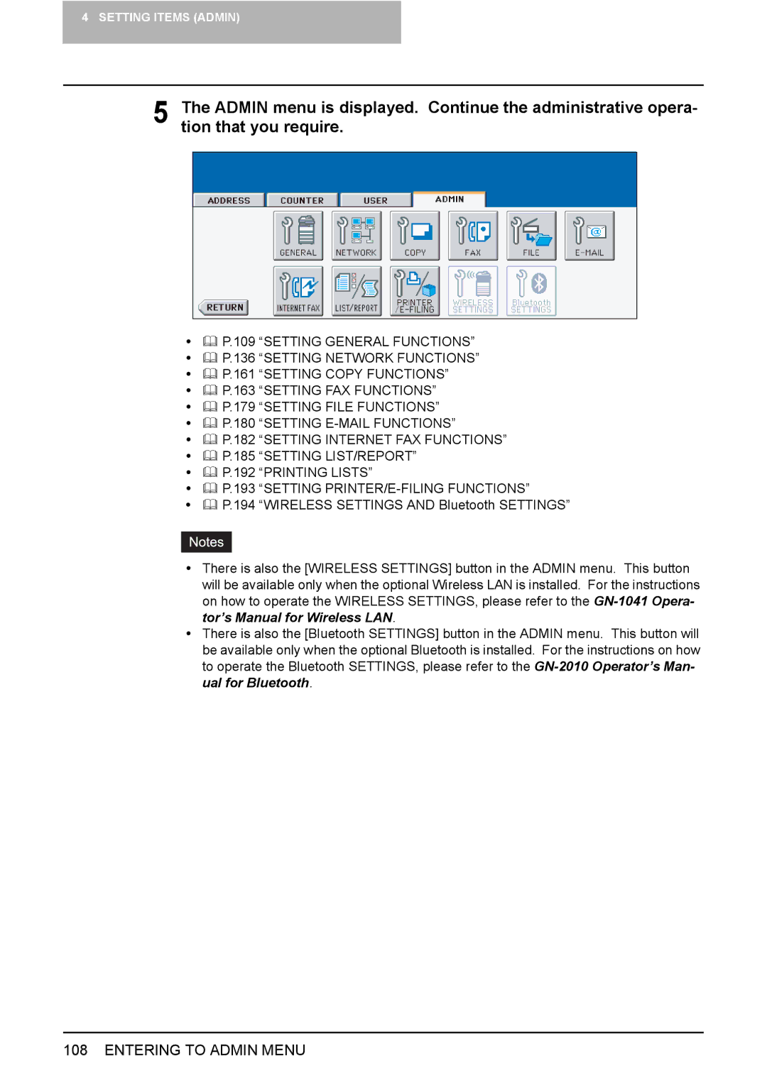 Toshiba 3510C, 3500C, 2500C manual Setting Items Admin 