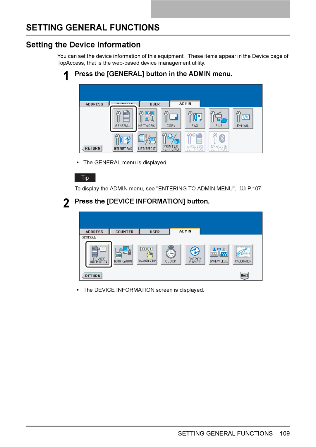 Toshiba 3500C, 2500C, 3510C manual Setting the Device Information, Press the General button in the Admin menu 