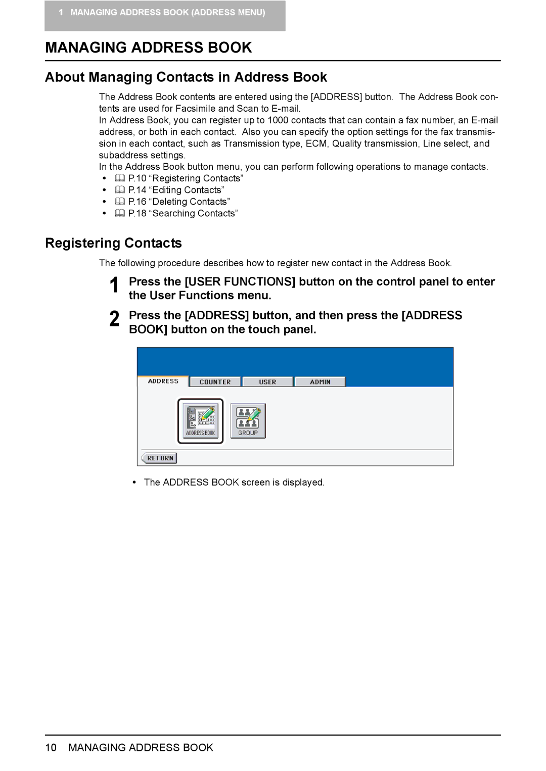 Toshiba 3500C, 2500C, 3510C manual Managing Address Book, About Managing Contacts in Address Book, Registering Contacts 