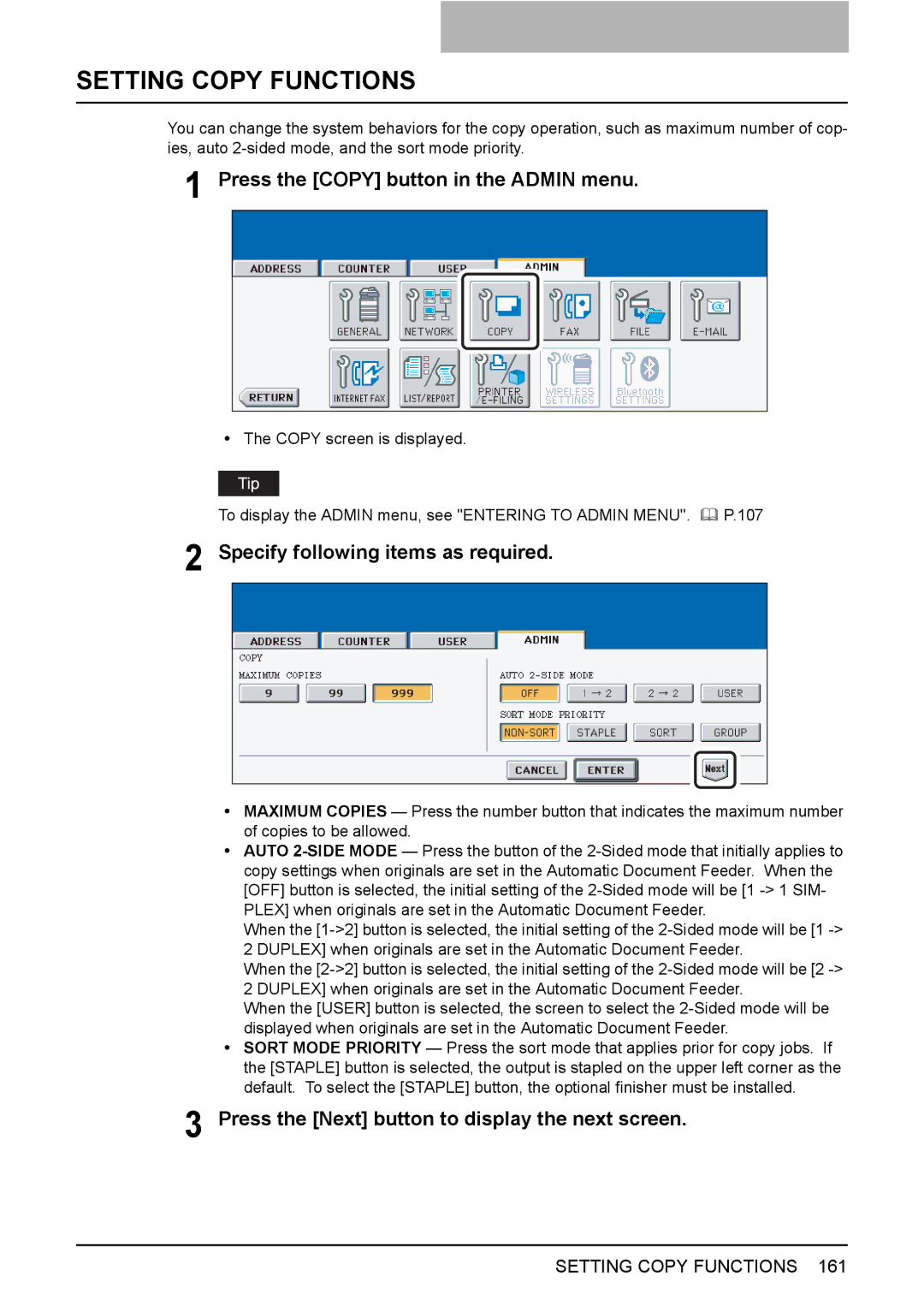 Toshiba 2500C, 3500C, 3510C manual Setting Copy Functions, Press the Copy button in the Admin menu 