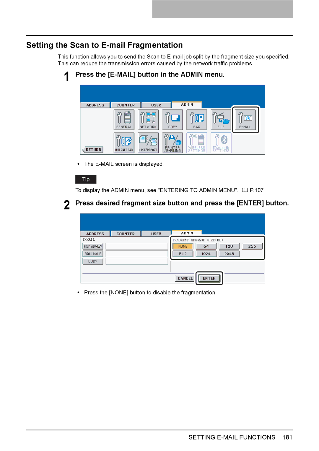 Toshiba 3500C, 2500C, 3510C manual Setting the Scan to E-mail Fragmentation, Press the E-MAIL button in the Admin menu 