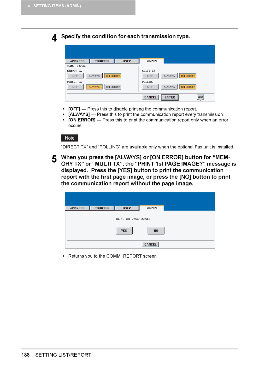 Toshiba 2500C, 3500C, 3510C manual Specify the condition for each transmission type 