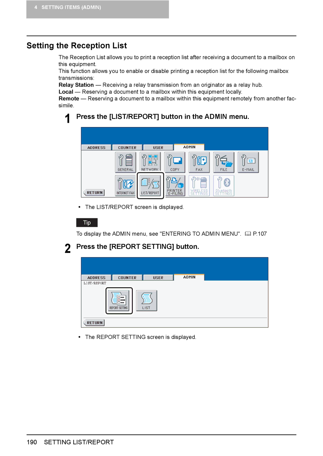 Toshiba 3500C, 2500C, 3510C manual Setting the Reception List, Press the LIST/REPORT button in the Admin menu 