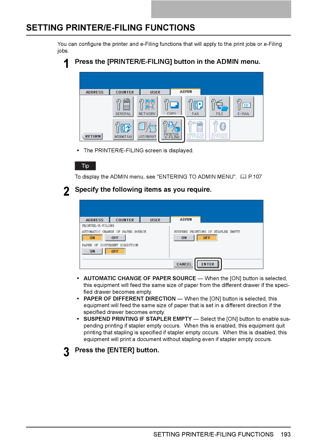 Toshiba 3500C, 2500C, 3510C manual Setting PRINTER/E-FILING Functions, Press the PRINTER/E-FILING button in the Admin menu 