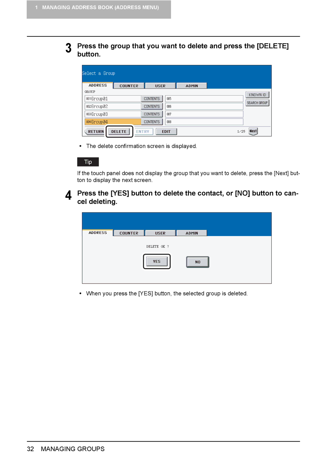 Toshiba 2500C, 3500C, 3510C manual When you press the YES button, the selected group is deleted 