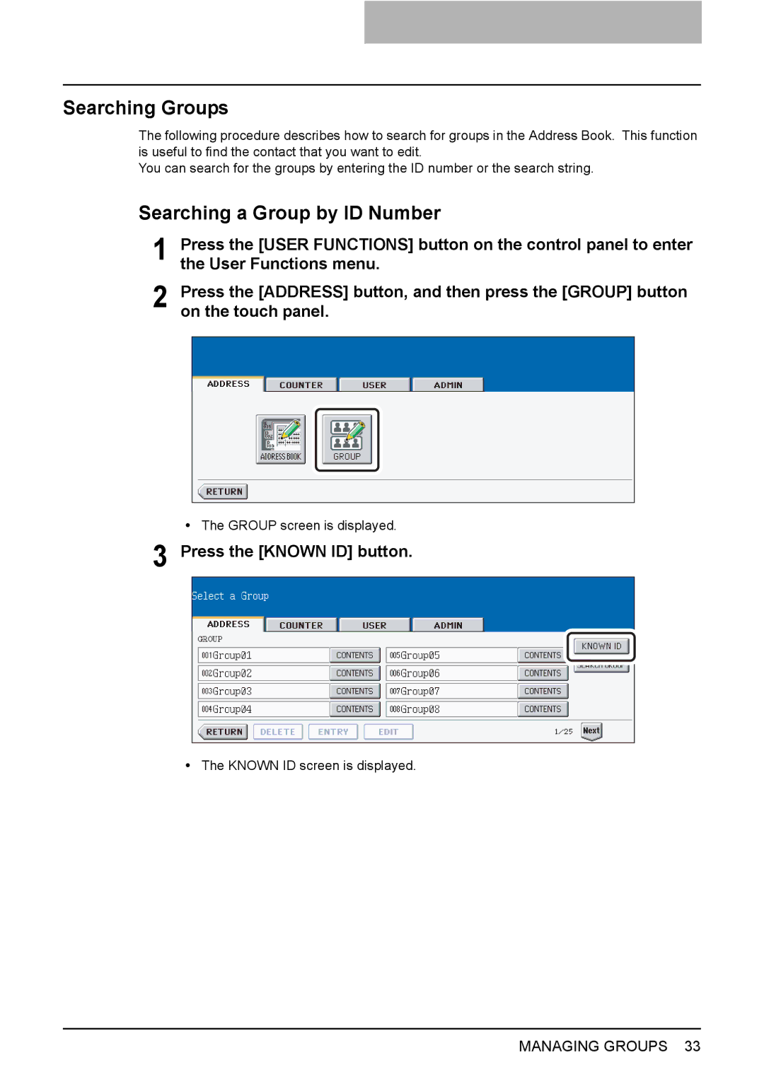 Toshiba 3510C, 3500C, 2500C manual Searching Groups, Searching a Group by ID Number 