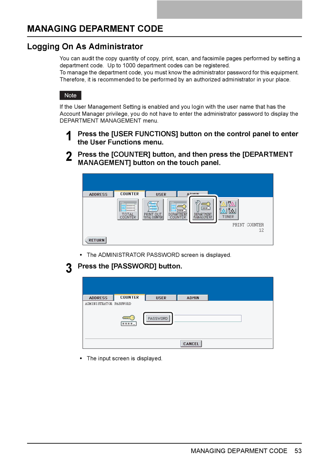 Toshiba 2500C, 3500C, 3510C manual Managing Deparment Code, Logging On As Administrator, Press the Password button 
