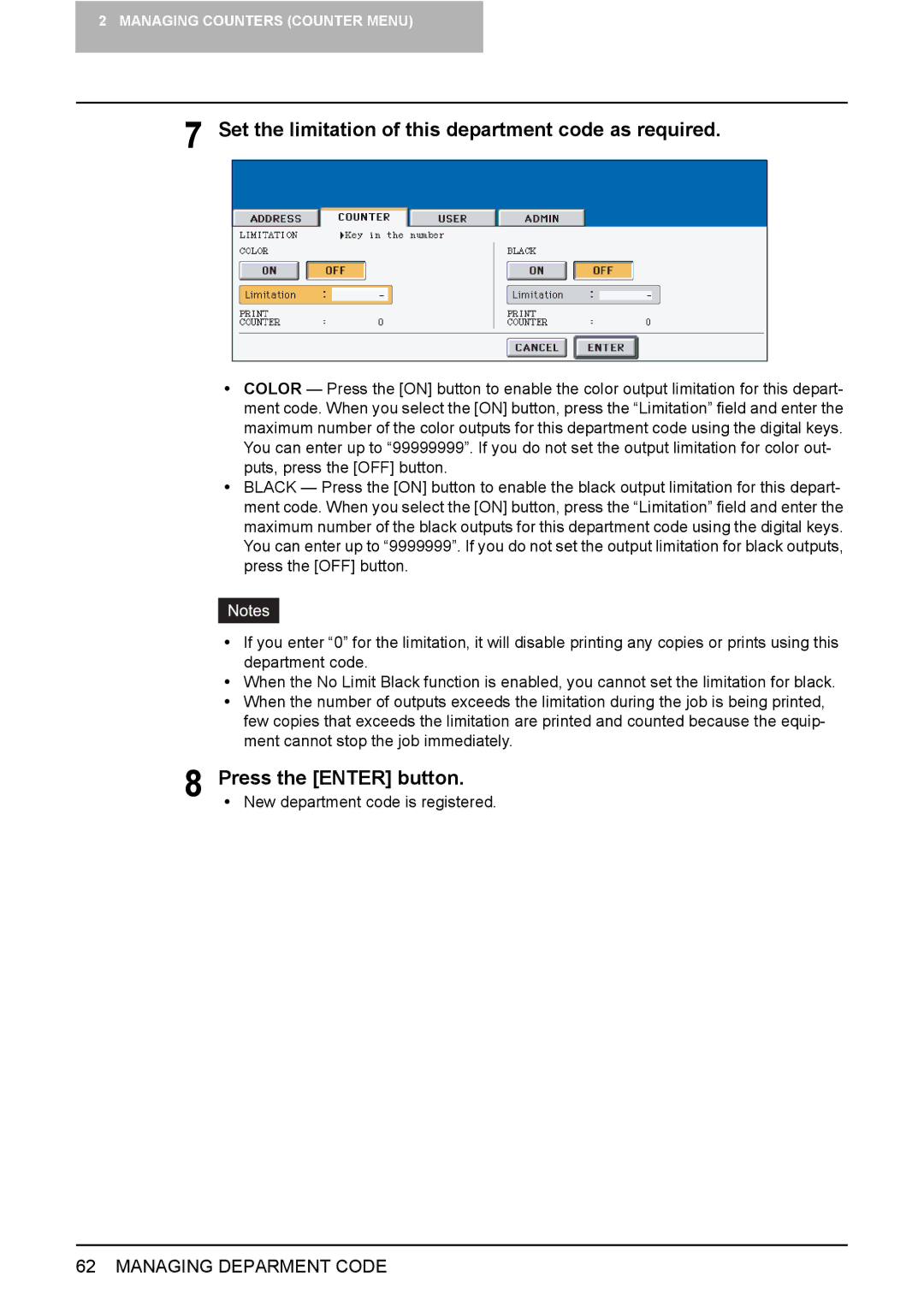 Toshiba 2500C, 3500C, 3510C manual Set the limitation of this department code as required, Press the Enter button 