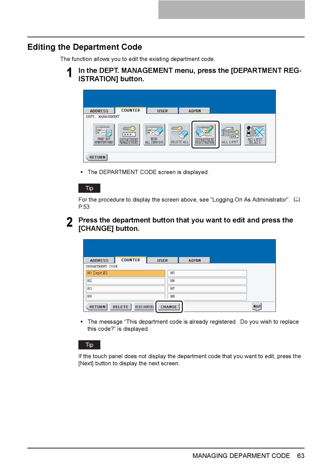 Toshiba 3510C, 3500C, 2500C manual Editing the Department Code 