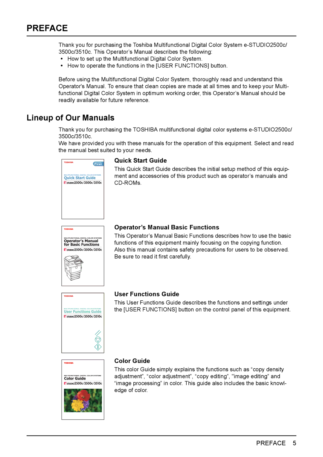 Toshiba 2500C, 3500C, 3510C manual Preface, Lineup of Our Manuals 