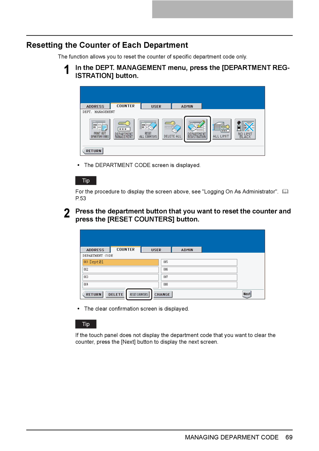 Toshiba 3510C, 3500C, 2500C manual Resetting the Counter of Each Department, Press the Reset Counters button 