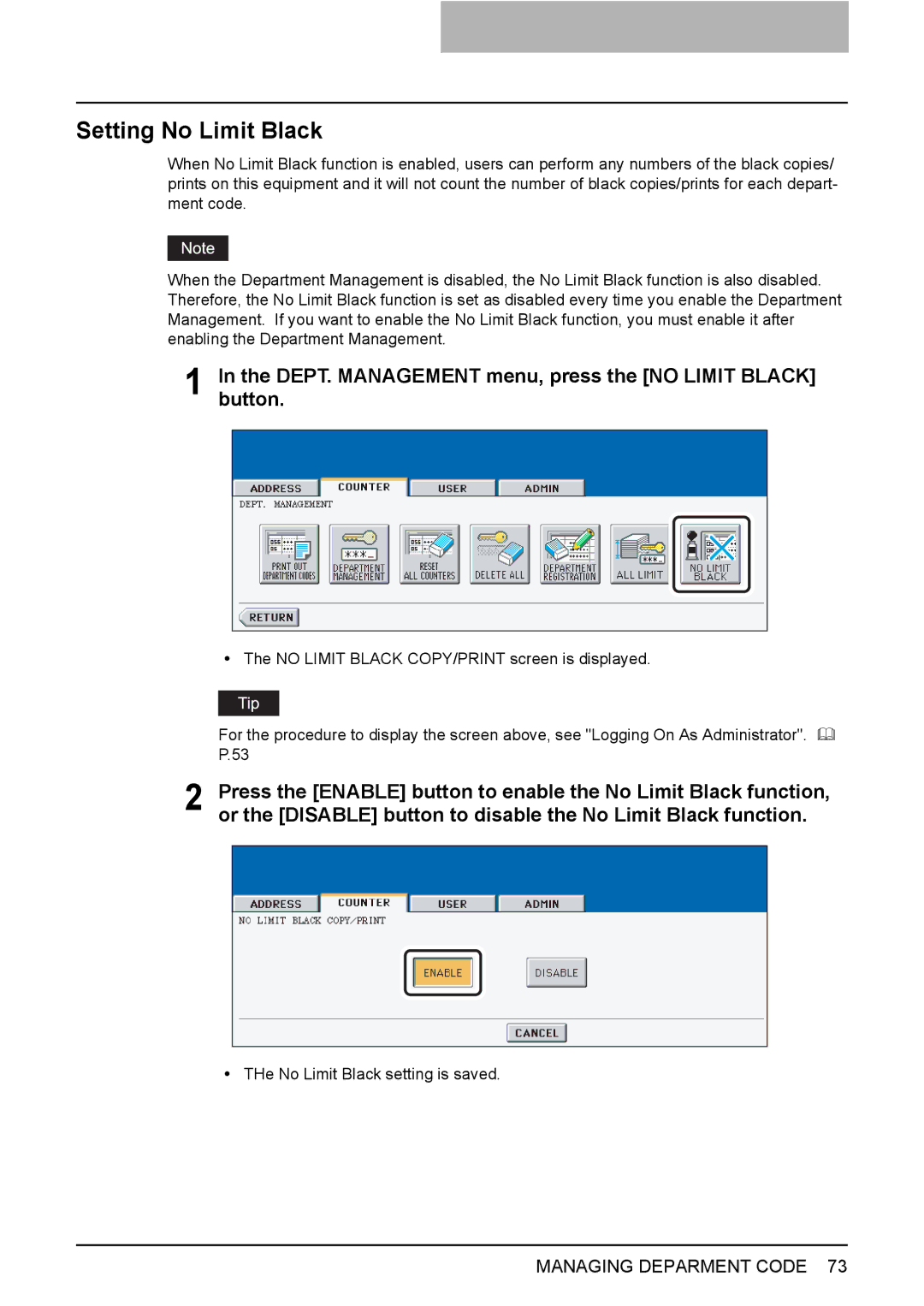 Toshiba 3500C, 2500C, 3510C manual Setting No Limit Black, DEPT. Management menu, press the no Limit Black button 