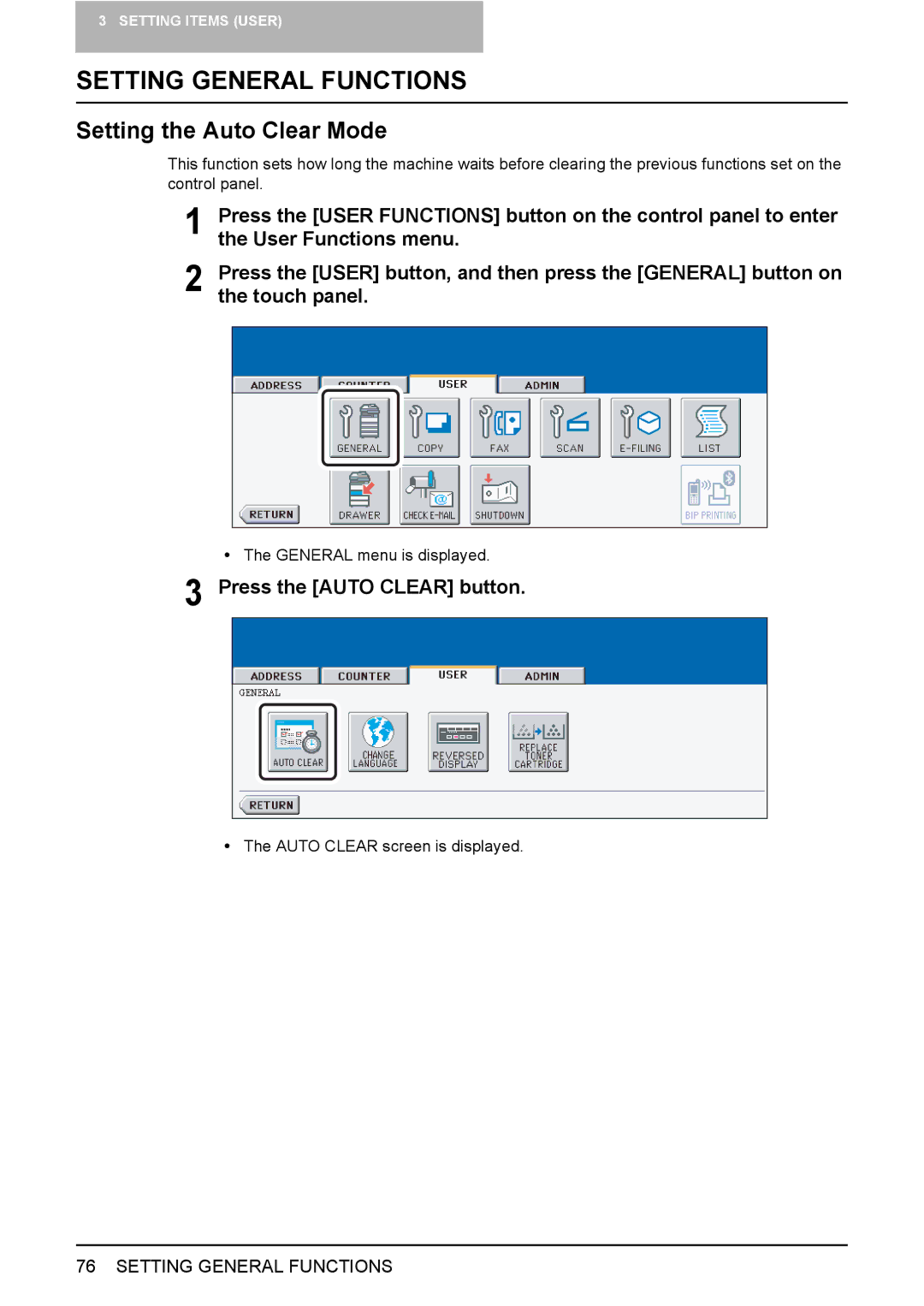 Toshiba 3500C, 2500C, 3510C manual Setting General Functions, Setting the Auto Clear Mode, Press the Auto Clear button 