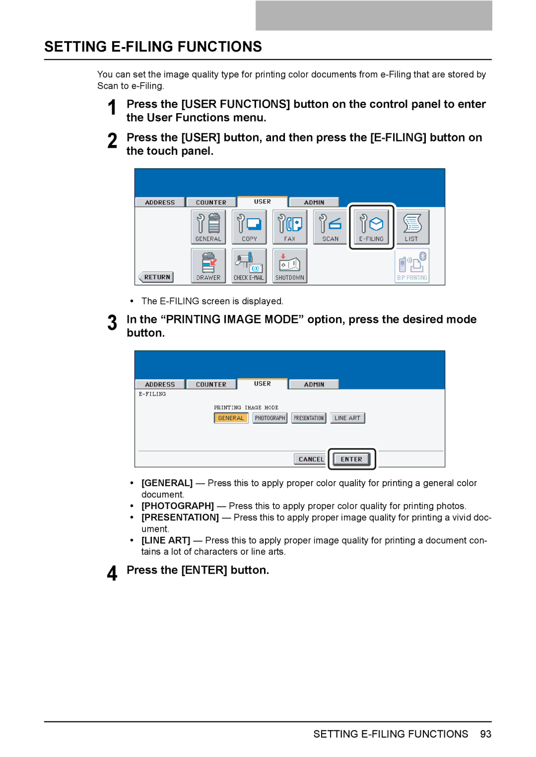 Toshiba 3510C, 3500C, 2500C manual Setting E-FILING Functions, Printing Image Mode option, press the desired mode button 