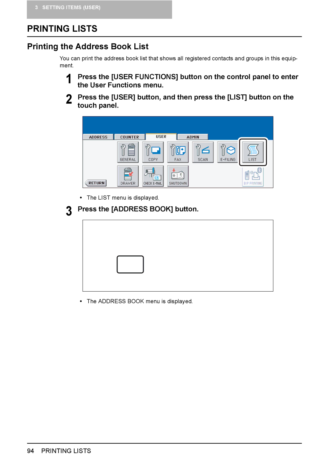 Toshiba 3500C, 2500C, 3510C manual Printing Lists, Printing the Address Book List, Press the Address Book button 