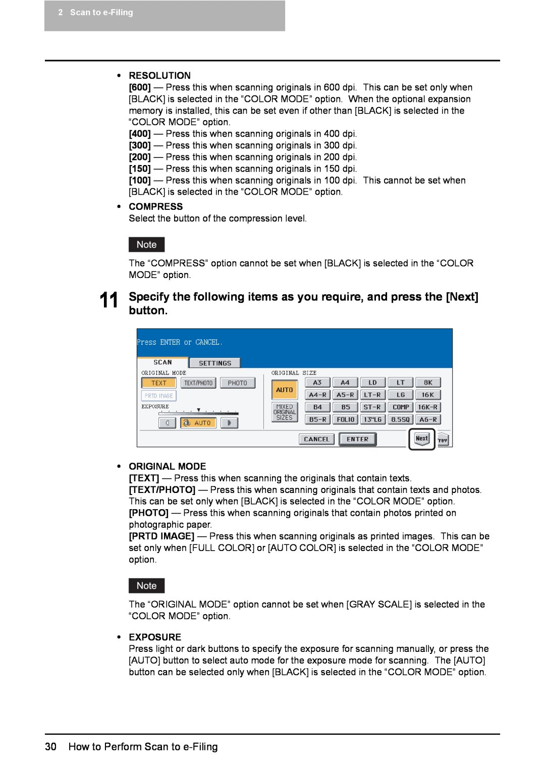 Toshiba 3510C, 3500C, 2500C manual How to Perform Scan to e-Filing, y RESOLUTION, y COMPRESS, y ORIGINAL MODE, y EXPOSURE 