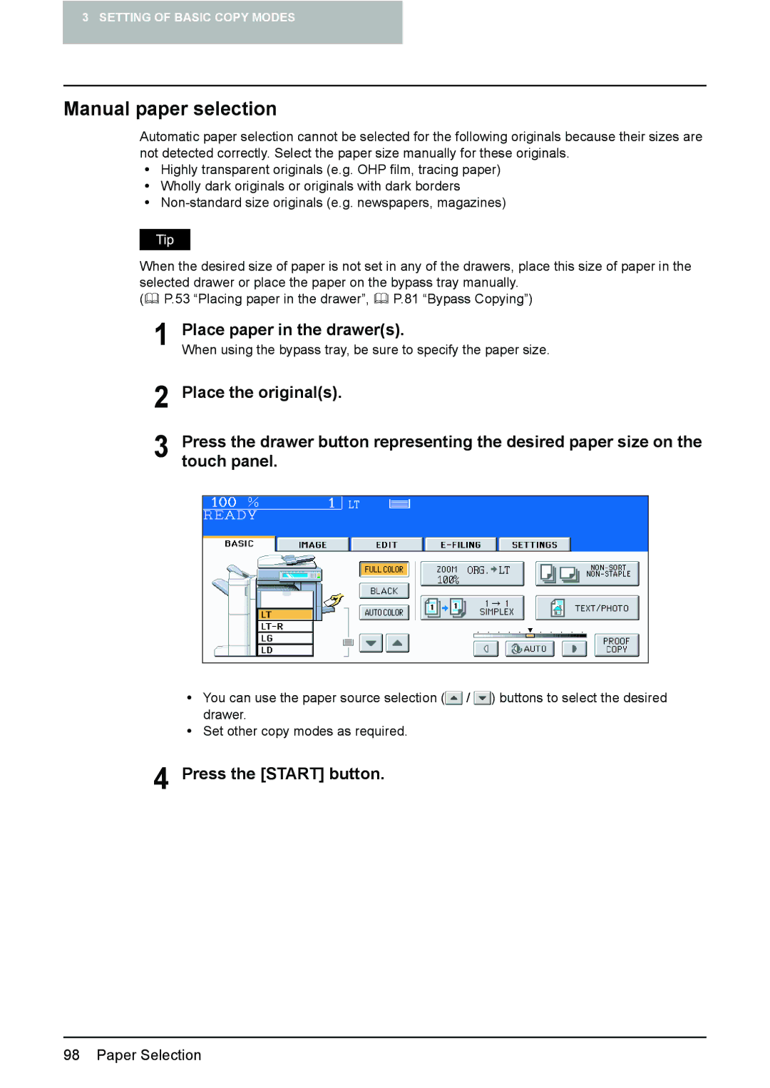 Toshiba 3510C manual Manual paper selection, Place paper in the drawers 