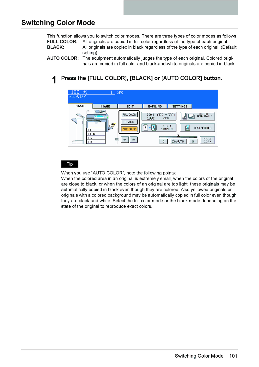 Toshiba 3510C manual Switching Color Mode, Press the Full COLOR, Black or Auto Color button 