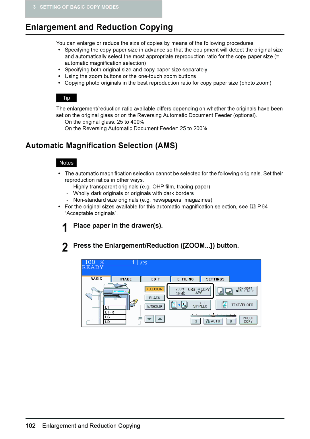 Toshiba 3510C manual Enlargement and Reduction Copying, Automatic Magnification Selection AMS 