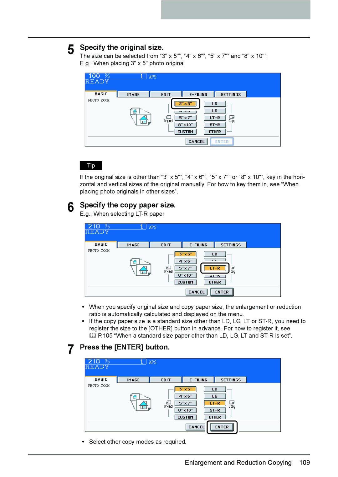 Toshiba 3510C manual Specify the original size, Press the Enter button 