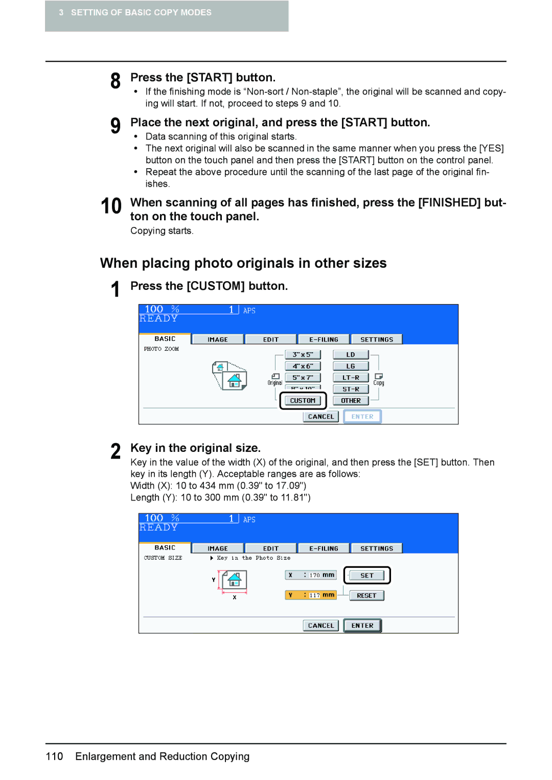 Toshiba 3510C manual When placing photo originals in other sizes, Press the Custom button Key in the original size 