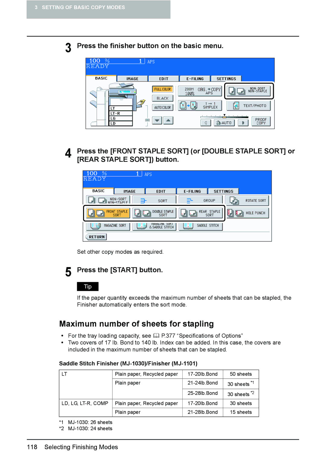 Toshiba 3510C manual Maximum number of sheets for stapling, Saddle Stitch Finisher MJ-1030/Finisher MJ-1101 