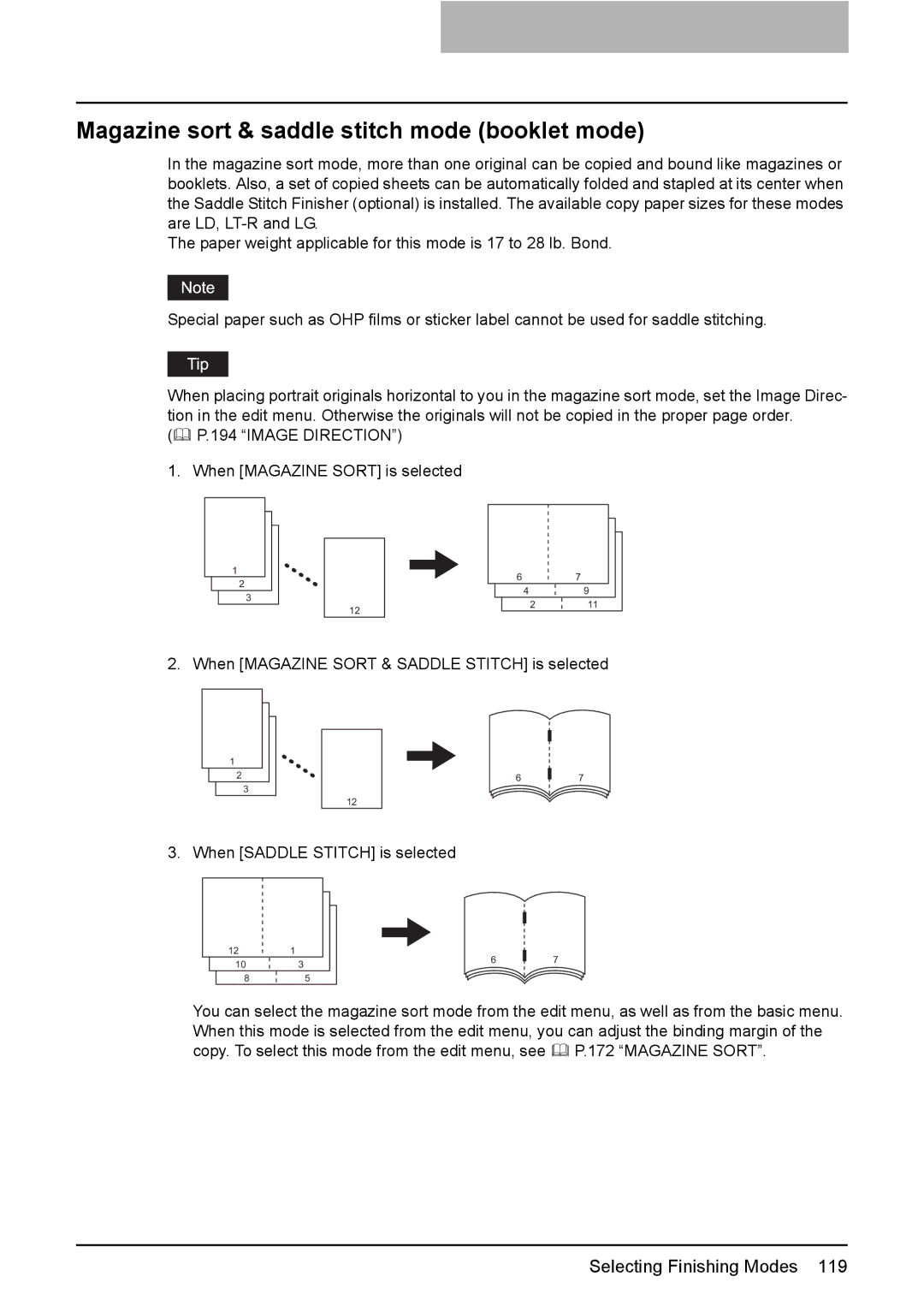 Toshiba 3510C manual Magazine sort & saddle stitch mode booklet mode, Image Direction 