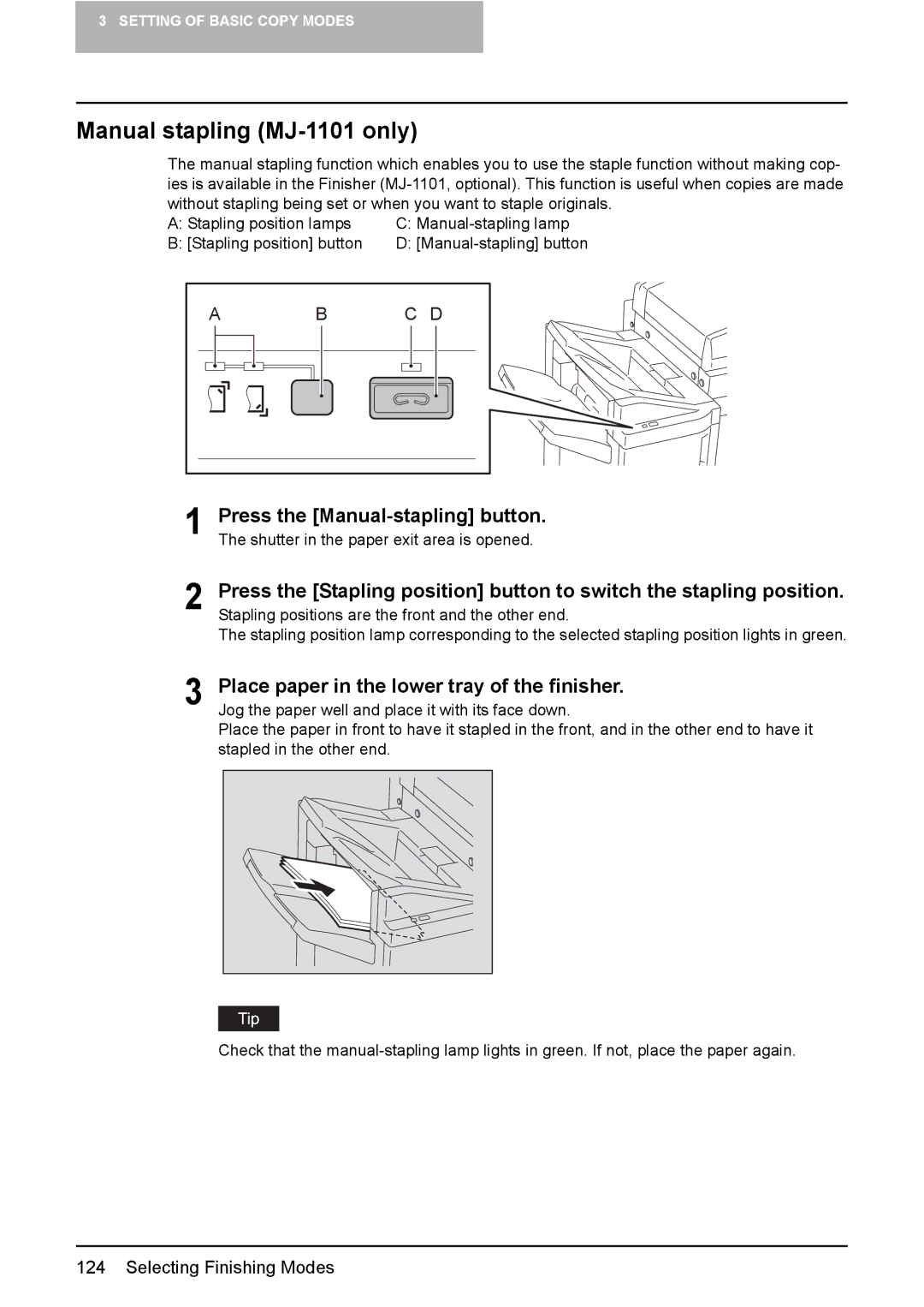 Toshiba 3510C manual Manual stapling MJ-1101 only, Press the Manual-stapling button 