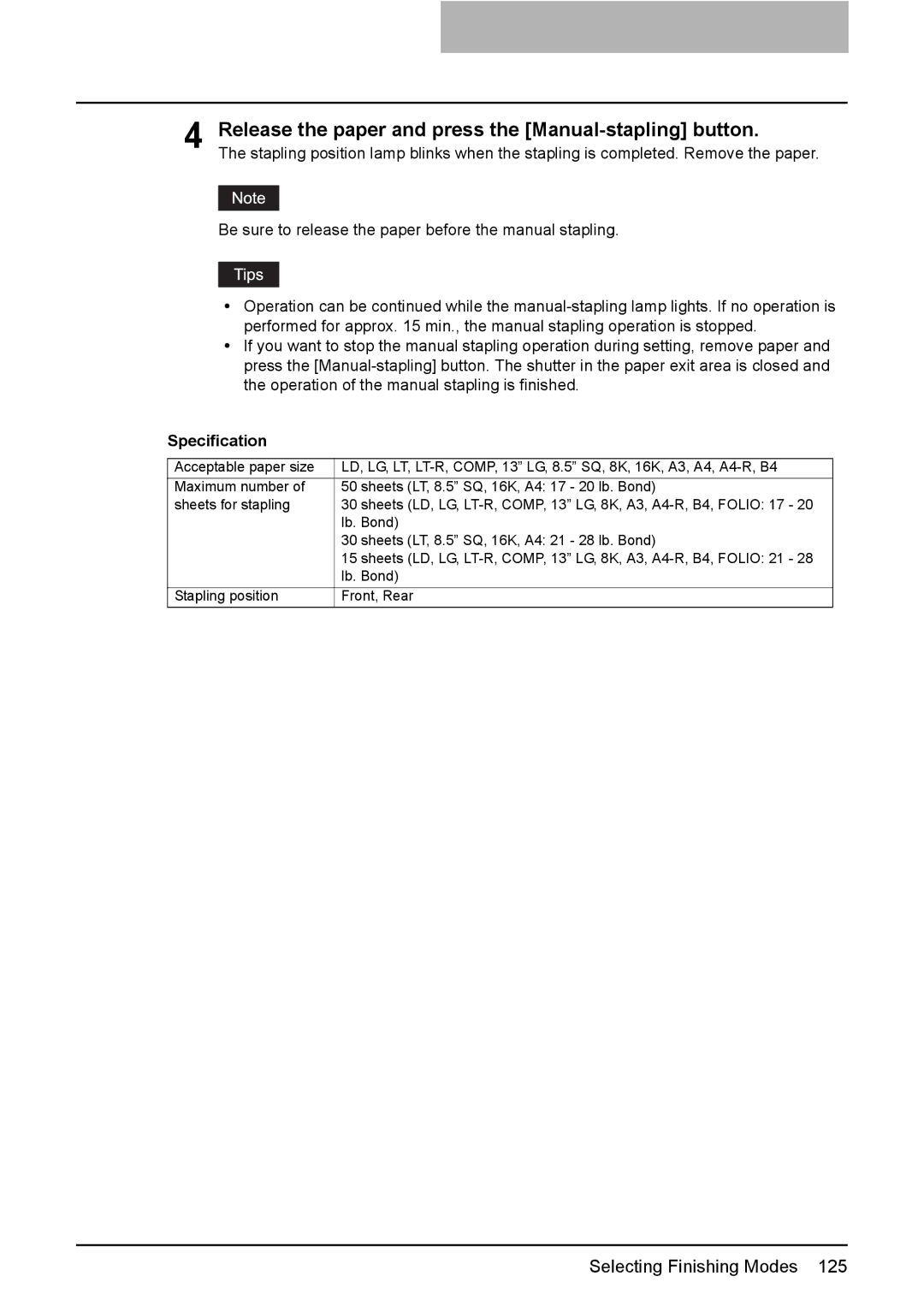 Toshiba 3510C manual Release the paper and press the Manual-stapling button, Specification 