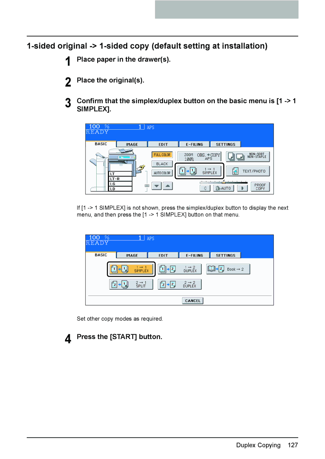 Toshiba 3510C manual Sided original 1-sided copy default setting at installation, Press the Start button 