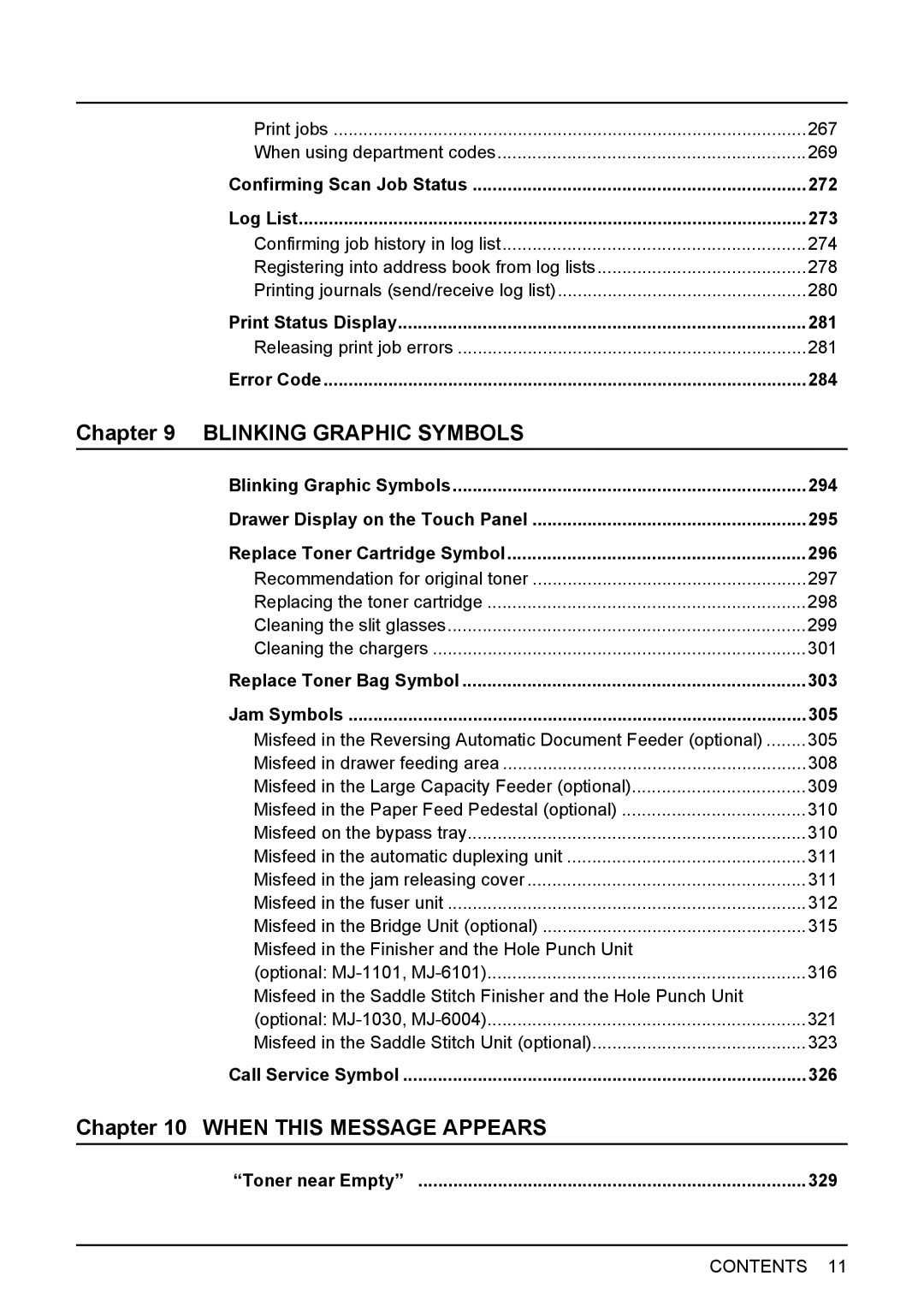 Toshiba 3510C Confirming Scan Job Status 272 Log List 273, Print Status Display 281, Error Code 284, Toner near Empty 329 