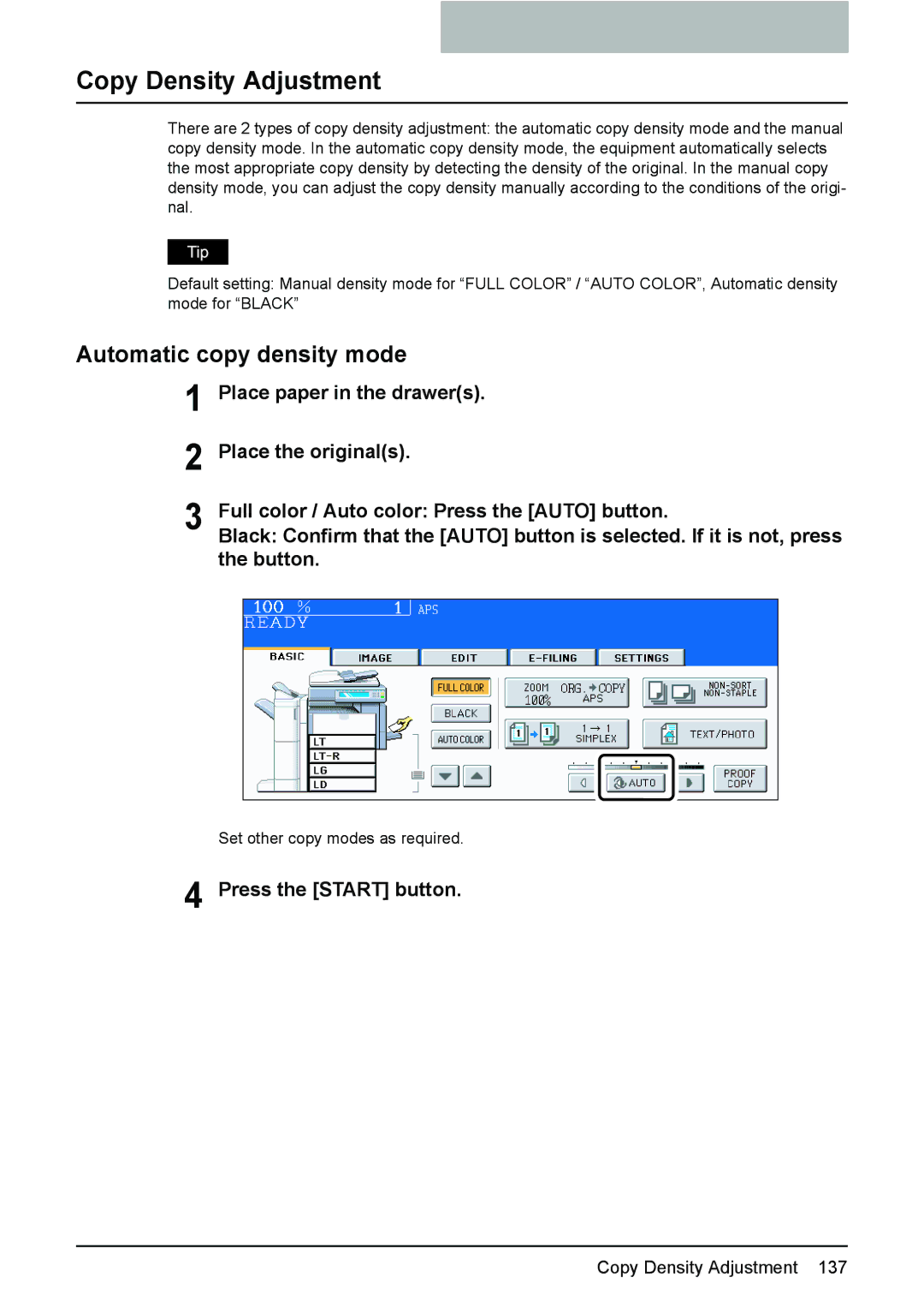 Toshiba 3510C manual Copy Density Adjustment, Automatic copy density mode 