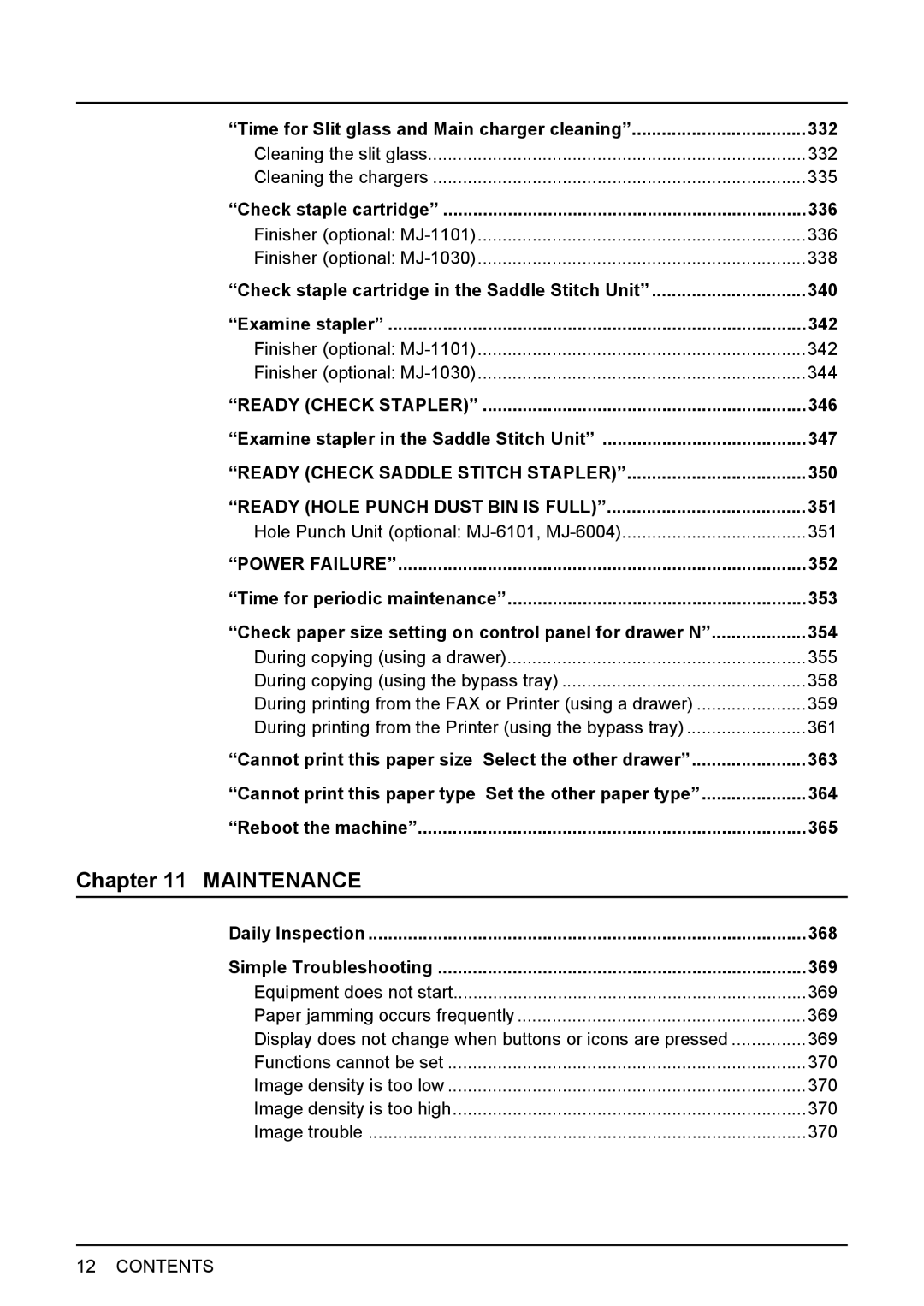 Toshiba 3510C manual Time for Slit glass and Main charger cleaning 332, Check staple cartridge 336, 346, 350, 352 