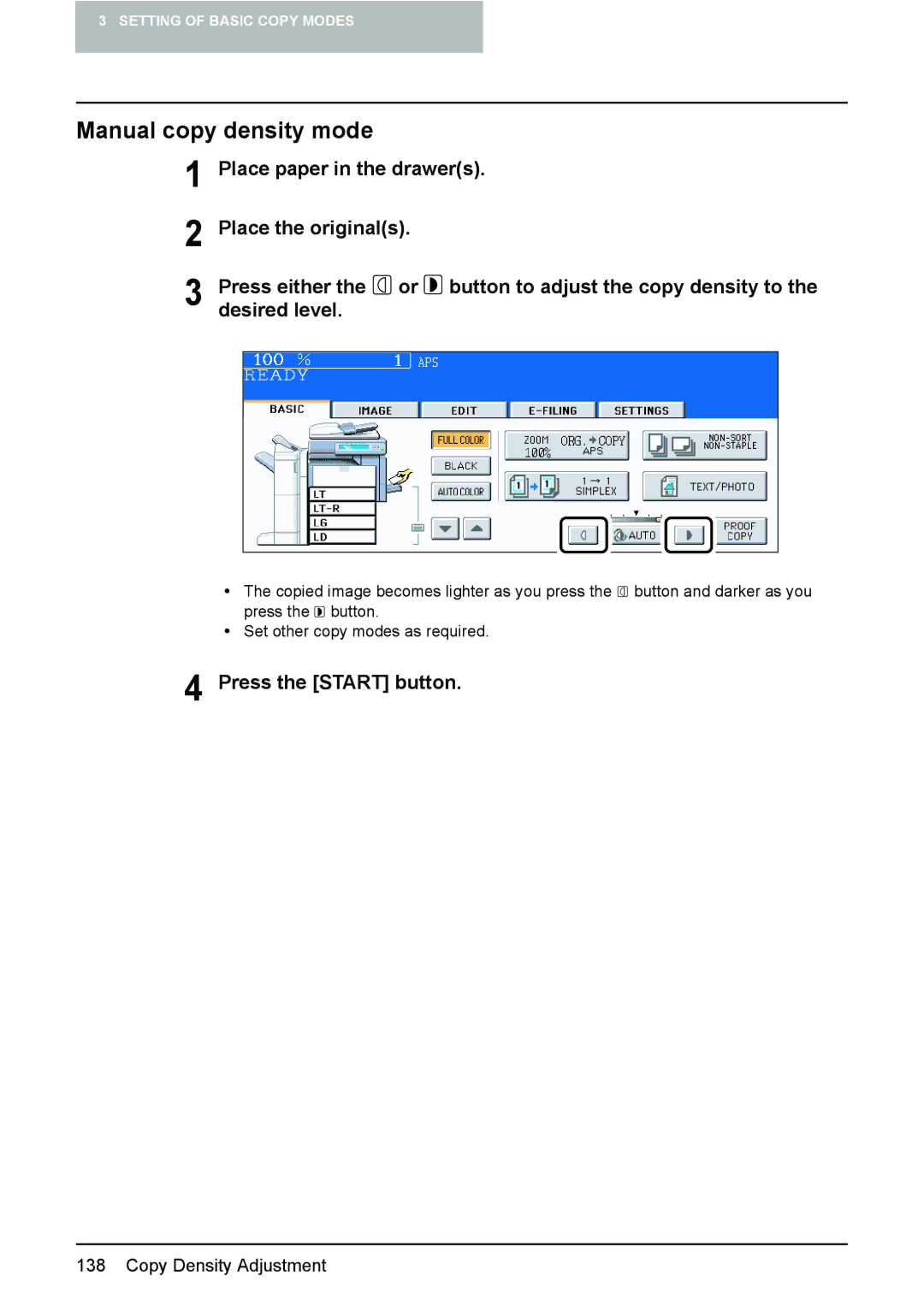 Toshiba 3510C manual Manual copy density mode, Place paper in the drawers 