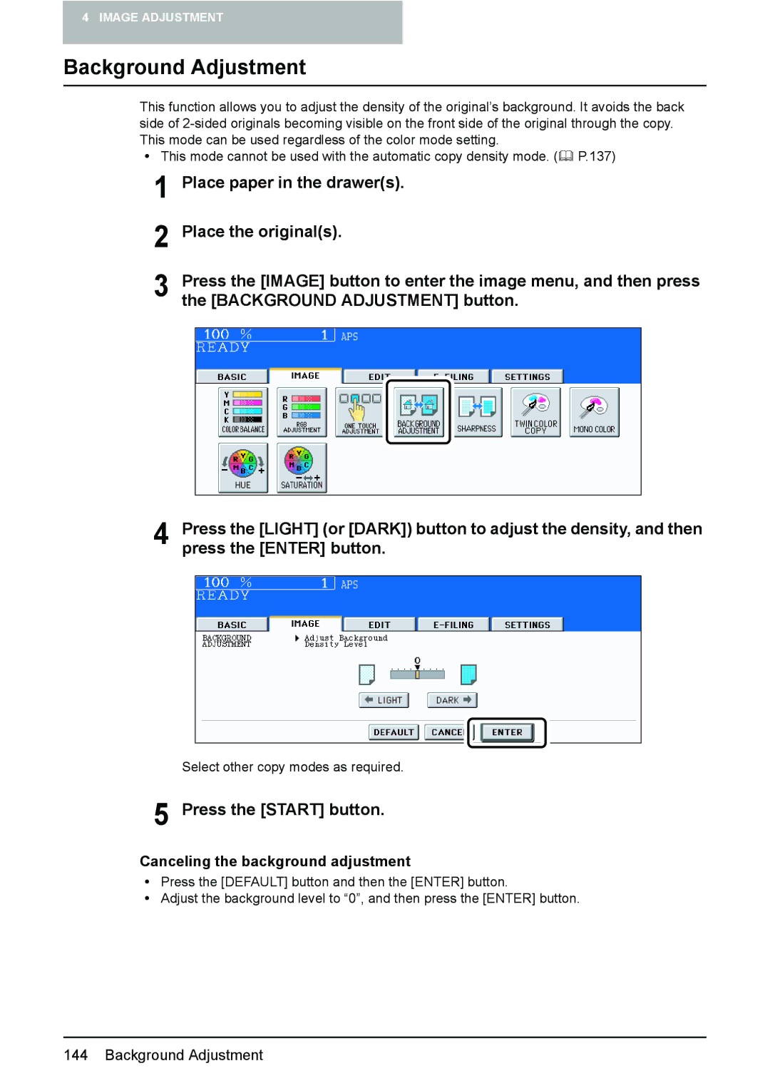 Toshiba 3510C manual Background Adjustment, Canceling the background adjustment 