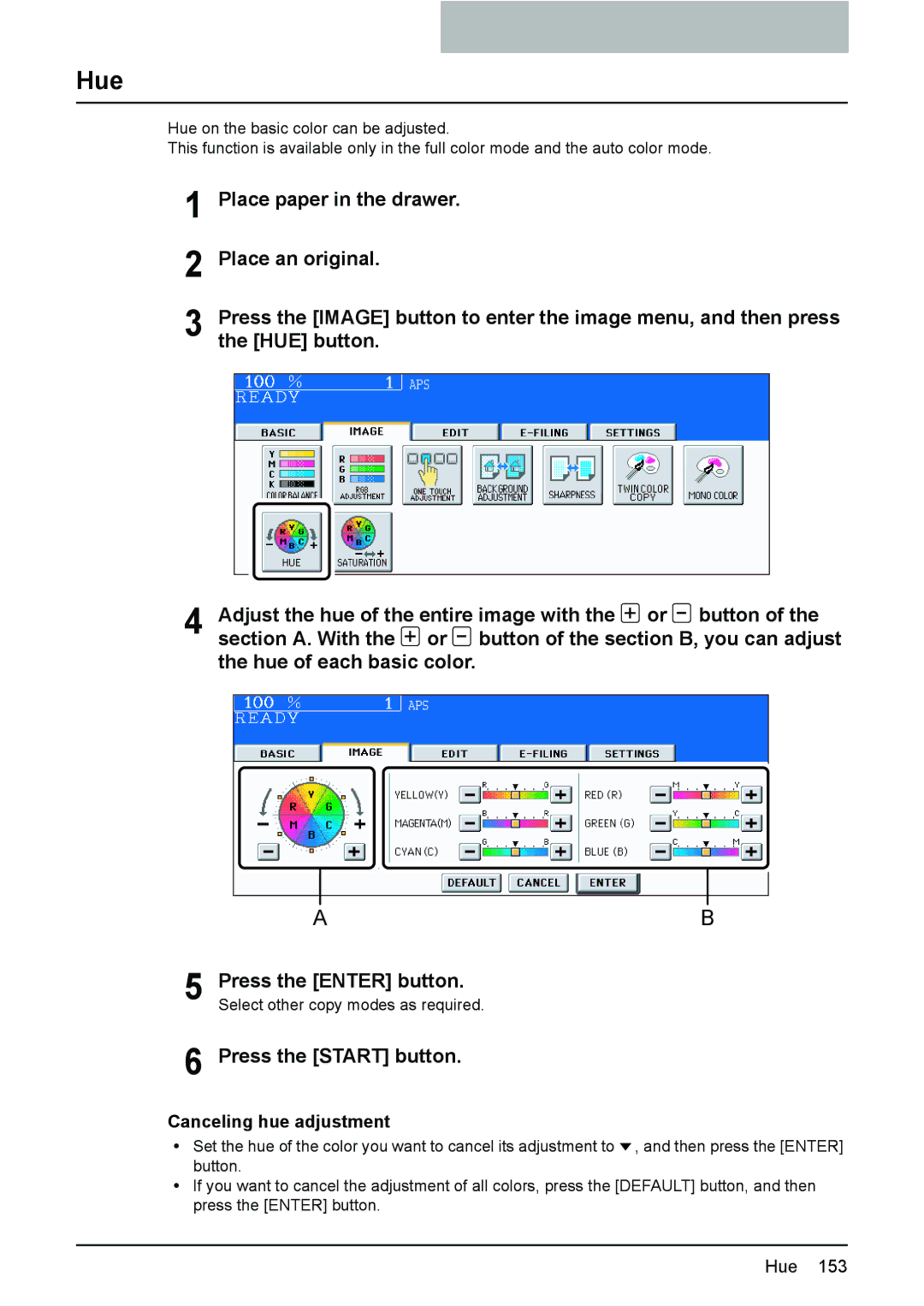 Toshiba 3510C manual Hue, Canceling hue adjustment 