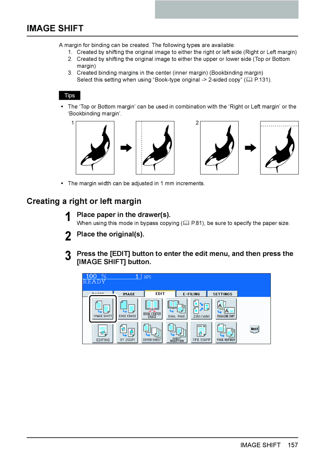 Toshiba 3510C manual Creating a right or left margin, Image Shift button 