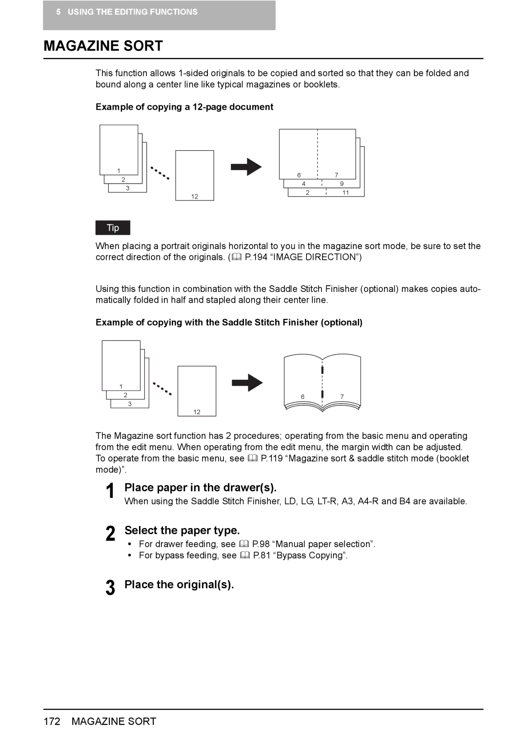 Toshiba 3510C manual Magazine Sort, Select the paper type, Example of copying a 12-page document 