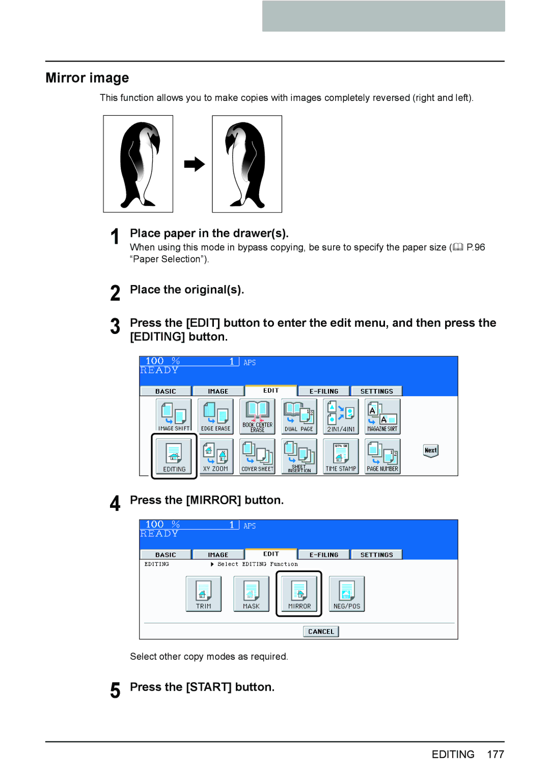 Toshiba 3510C manual Mirror image, Editing button, Press the Mirror button 