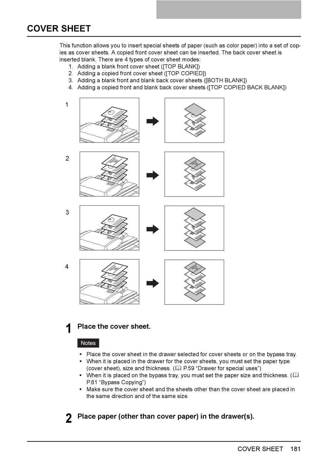 Toshiba 3510C manual Cover Sheet, Place the cover sheet, Place paper other than cover paper in the drawers 