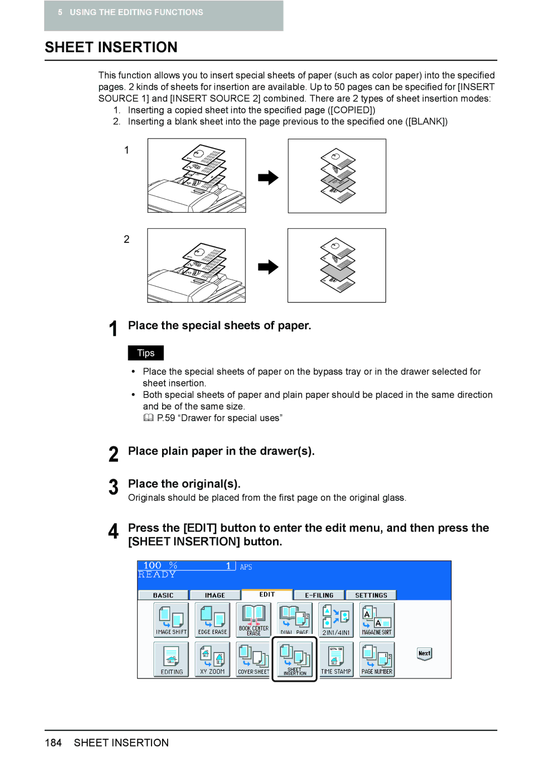 Toshiba 3510C manual Sheet Insertion, Place the special sheets of paper 