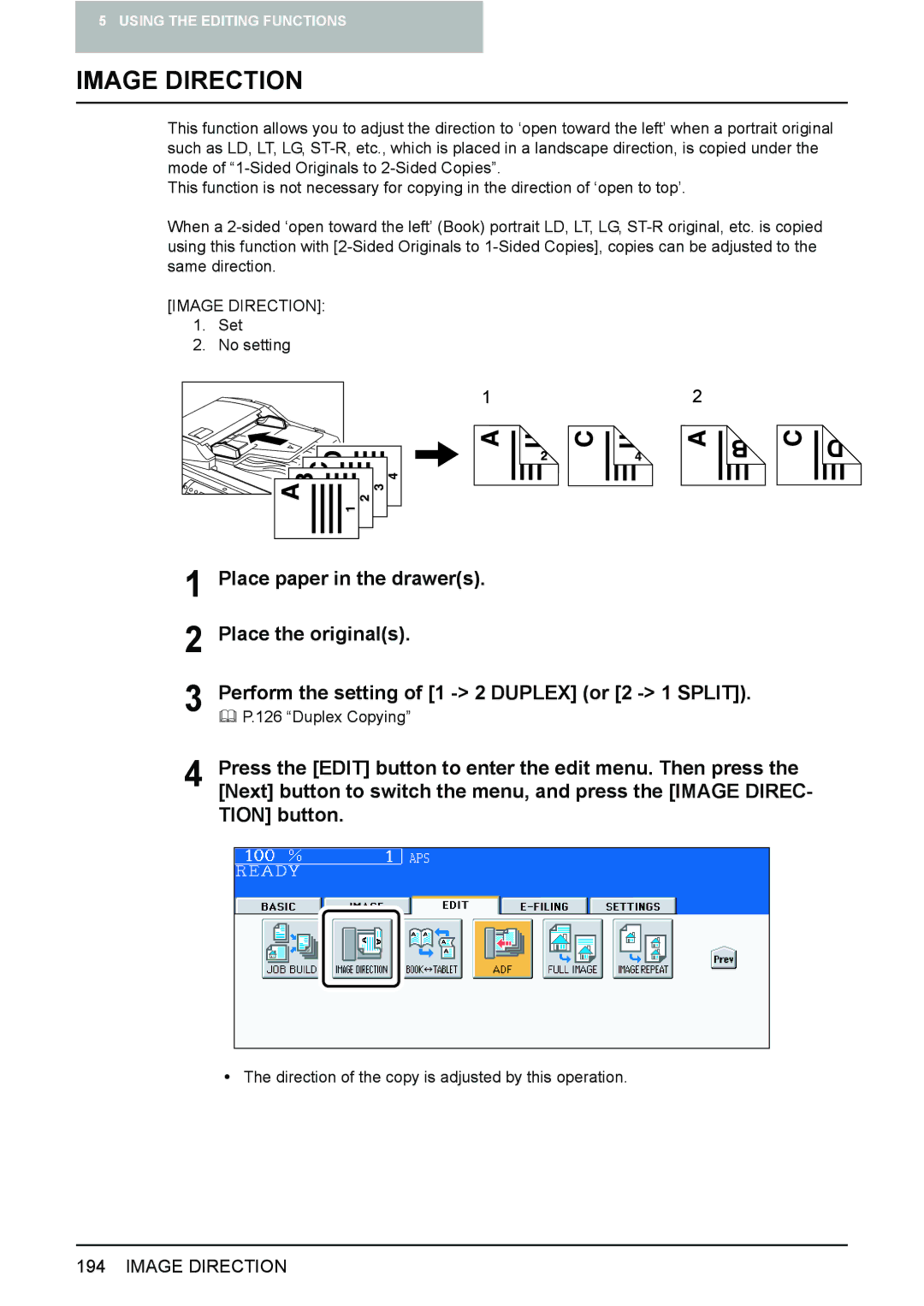 Toshiba 3510C manual Image Direction, Place paper in the drawers Place the originals 