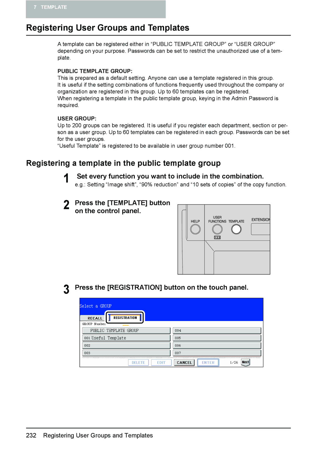 Toshiba 3510C manual Registering User Groups and Templates, Registering a template in the public template group 