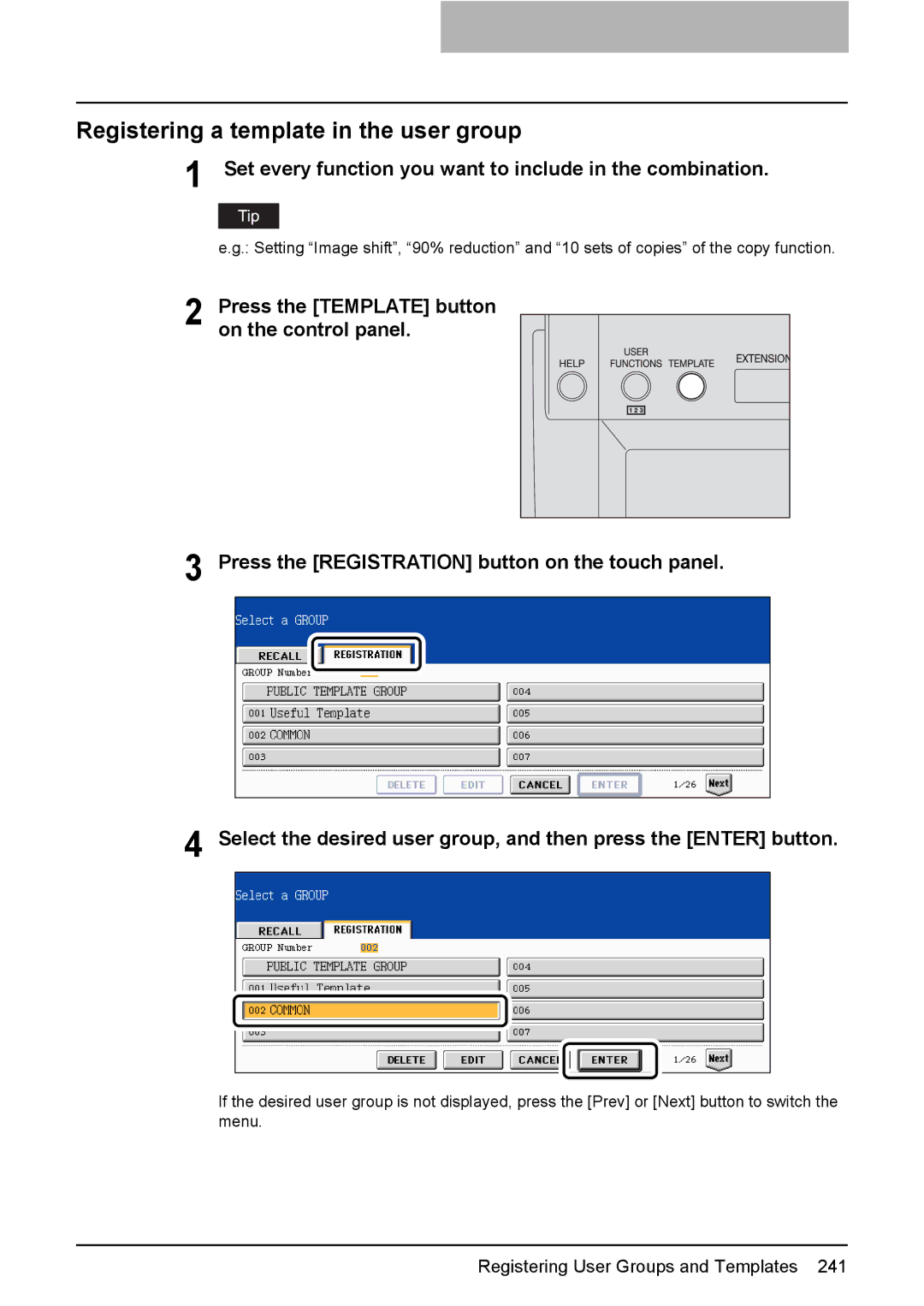 Toshiba 3510C manual Registering a template in the user group, Set every function you want to include in the combination 