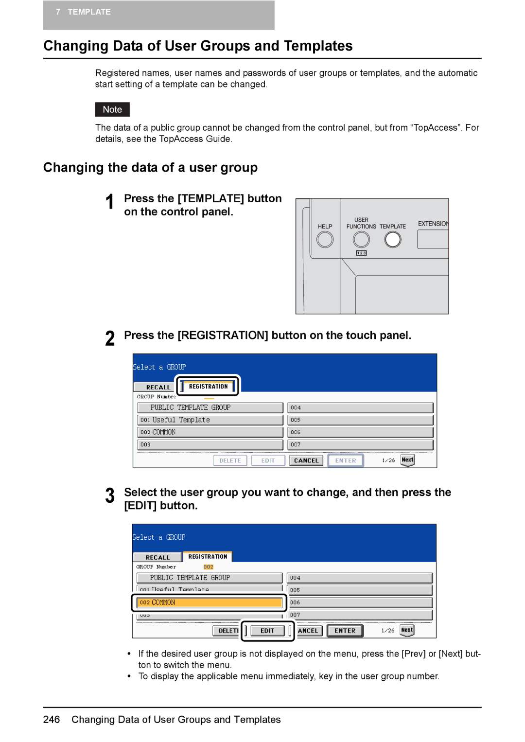 Toshiba 3510C manual Changing Data of User Groups and Templates, Changing the data of a user group 